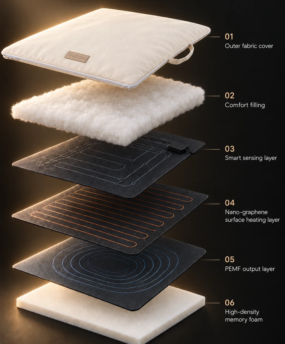 PEMF Wellness Pet Bed 6개 내부 레이어의 구성 개념도