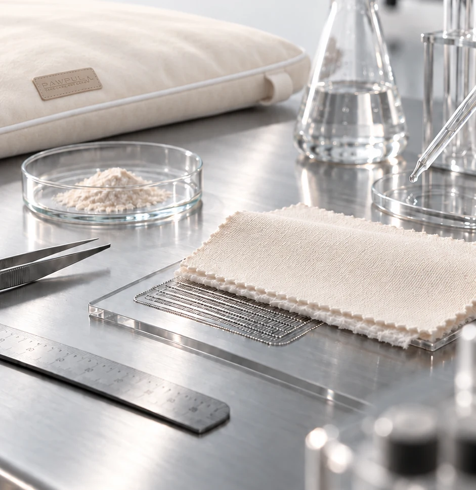 PEMF Wellness Pet Bed 소재와 내부 구조를 연구하는 실험실 콘셉트 장면