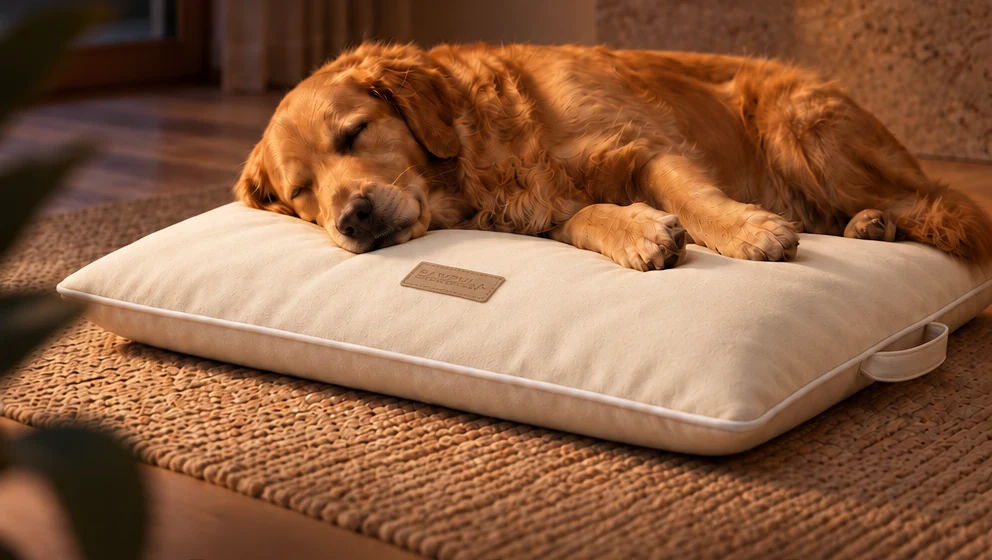 골든리트리버가 아이보리 PEMF Wellness Pet Bed에서 쉬고 있는 모습