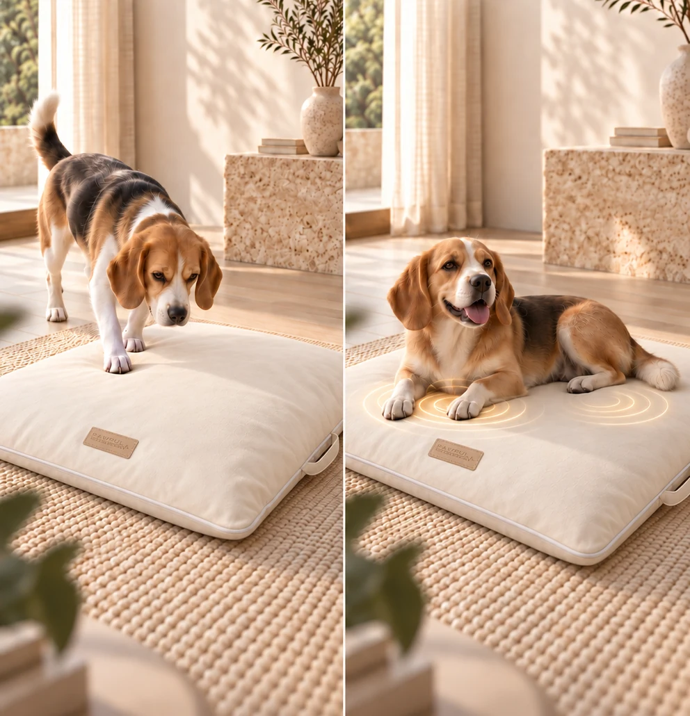 반려동물의 착석과 이탈을 보여주는 PEMF Wellness Pet Bed 스마트 센싱 장면